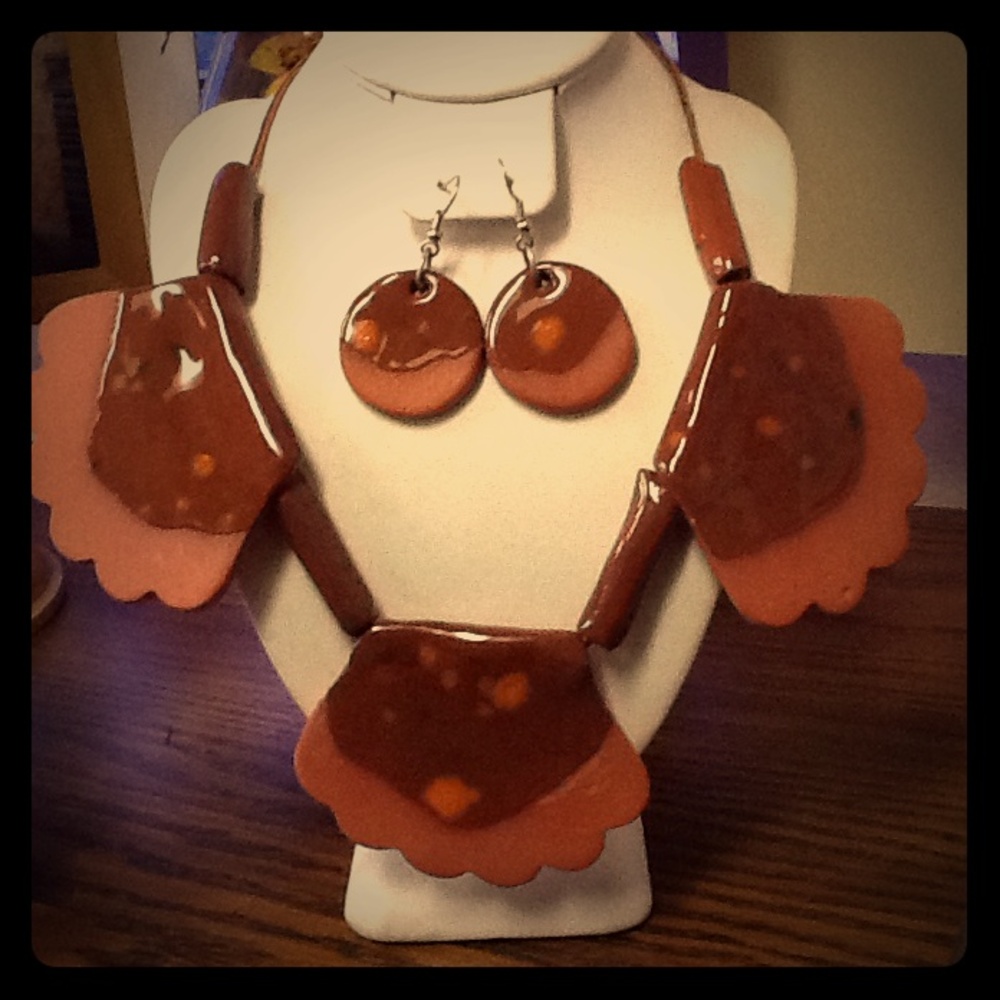 Handcrafted Red Clay Statement Necklace and Earrings Set